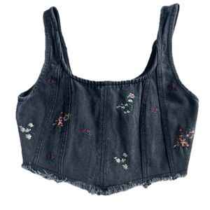 Banjara Black Denim Embroidered Floral Cropped Corset Top Small Boho